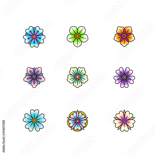 Set of classic tattoo style flowers. Vector illustration.