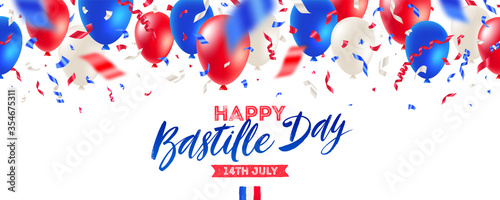 French national holiday - Bastille day. Brush calligraphy greeting, balloons and confetti in color of France flag. Vector illustration.