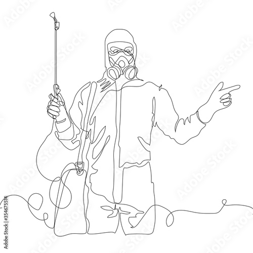 Specialist in hazmat suits cleaning disinfecting coronavirus cells epidemic, pandemic health risk-one line art