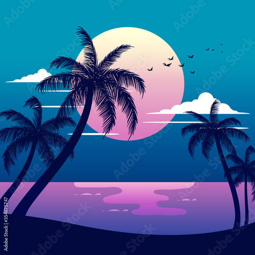 Tropical beach with palm trees and sunset