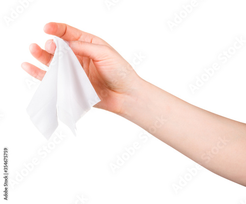 Leinwand Poster Woman hand use antibacterial wet wipes or tissue isolated on a white background