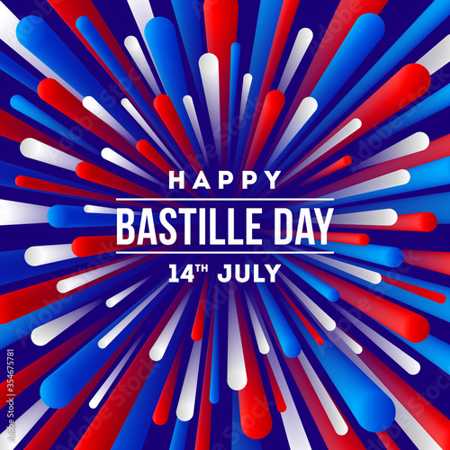 French national holiday - Bastille day. Greeting design with firework burst rays in color of France flag. Vector illustration.