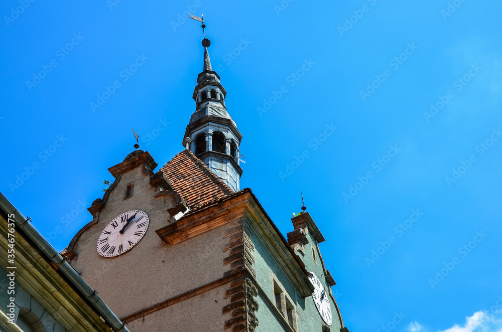 Clock tower of Schonborn Castle in Chynadiyovo, Carpathians Ukraine