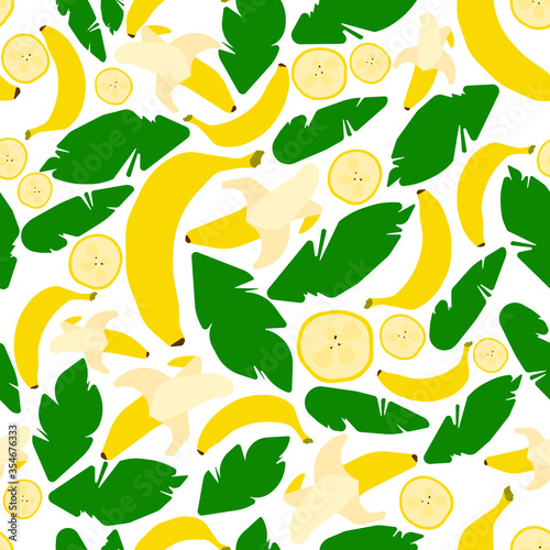 Seamless Fruit Pattern. Colourful Vector Bananas with leaves. Cut and whole Fruits in modern style. Isolated bright yellow Fruits on white background