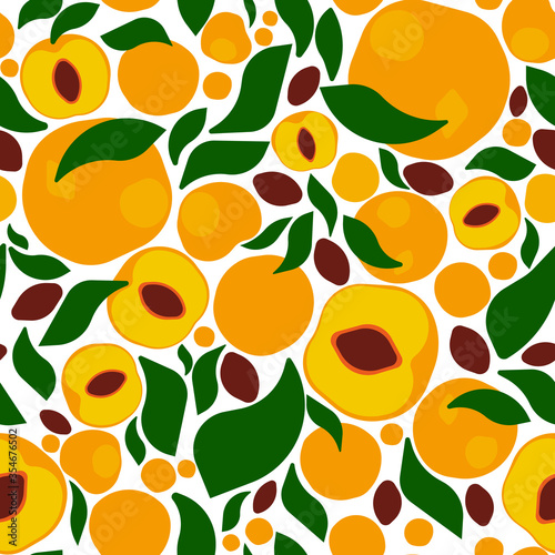 Seamless Fruit Pattern. Colourful Vector Peaches with leaves. Cut and whole Peach in modern style. Isolated bright orange and yellow Fruits on white background