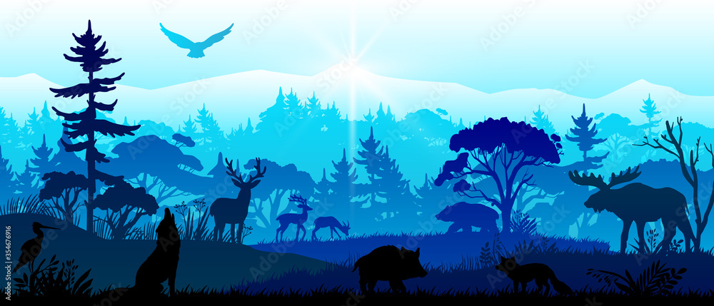Save nature banner with forest animals, pines, trees, mountains, birds.  Horizontal panoramic woodland landscape with mammals' silhouettes. Wildlife  vector illustration in blue colors. Stock Vector | Adobe Stock