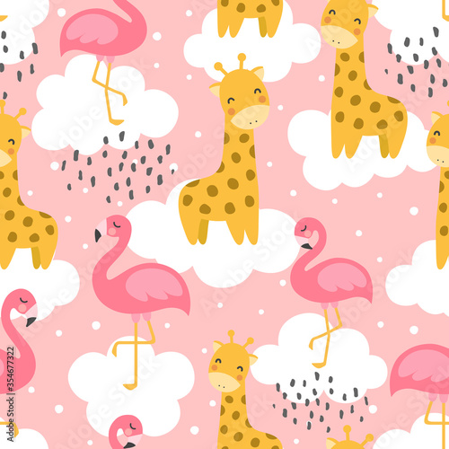 Flamingo and Giraffe Cute Seamless Pattern, Animal Summer Wallpaper Background, Cartoon Vector illustration