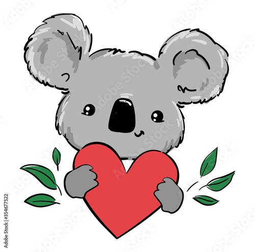 Cute koala and heart beautiful childish print. Hand Drawn Animal Vector illustration.