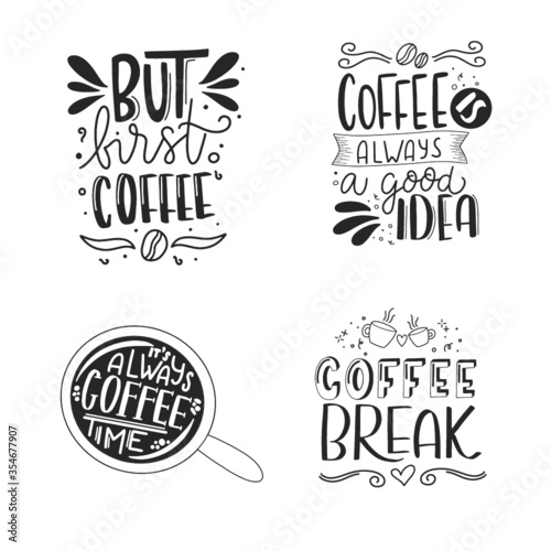 Set of coffee lettering typography designs. Hand drawn lettering phrase. Modern motivating calligraphy decor. Scrapbooking or journaling card with quote.