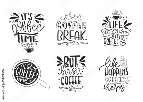Set of coffee lettering typography designs. Hand drawn lettering phrase. Modern motivating calligraphy decor. Scrapbooking or journaling card with quote.