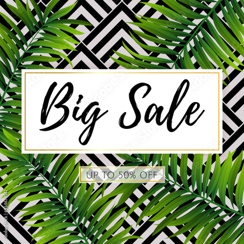 Vector Big Sale banner, poster with green geometric palm leaves, jungle. Beautiful floral tropical summer Web banner or poster for e-commerce, on-line cosmetics shop, fashion beauty shop, store