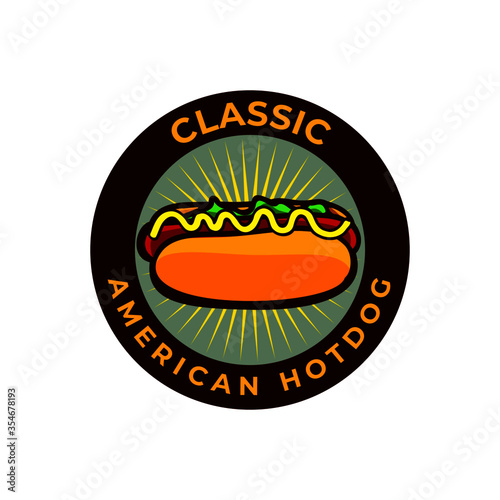 badge vintage illustration of hotdog for classic restaurant