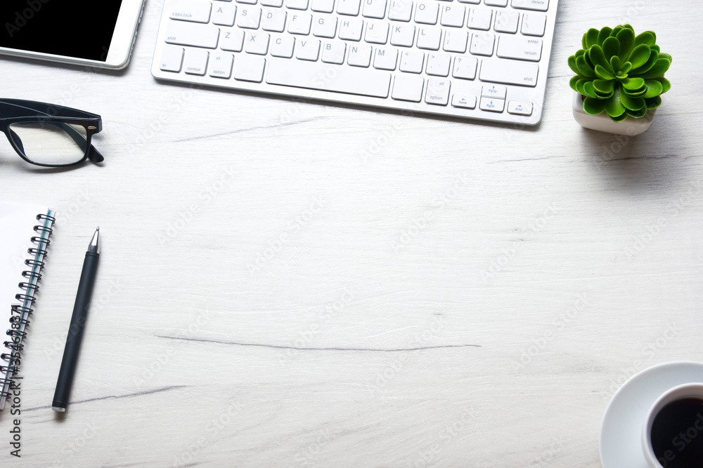 Office desk table with supplies. Flat lay Business workplace and objects. Top view. Copy space for text Office desk table with supplies. Flat lay Business workplace and objects. Top view. Copy space for text