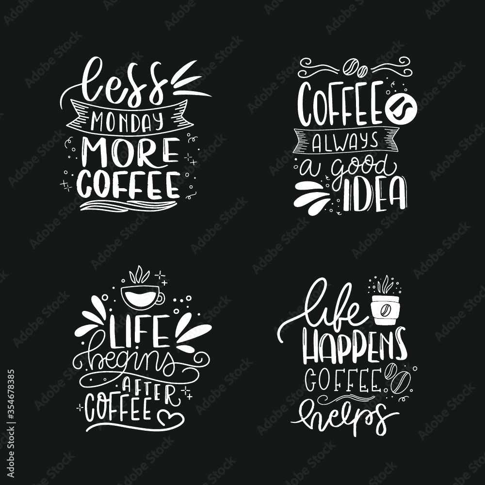 Set of Hand drawn coffee lettering phrase isolated on white background. Fun brush ink inscription for greeting card or t-shirt print, poster design.