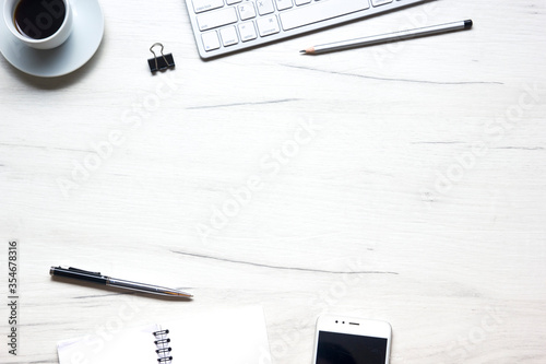 Office desk table with supplies. Flat lay Business workplace and objects. Top view. Copy space for text photo