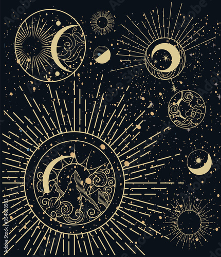 Card design showing the Moon Phases in intricate vector illustrations on a dark sky background for astrology concepts