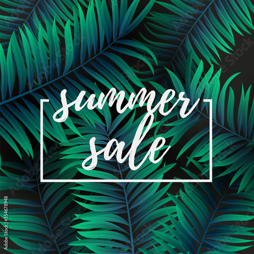 Palm leaf green and cyan color. Summer sale . Web banner or poster for e-commerce, on-line cosmetics shop, fashion beauty shop, store. Vector illustration. EPS 10