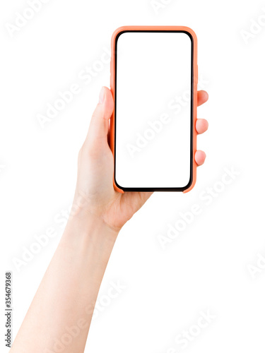 Woman hand holding cell phone isolated on white background