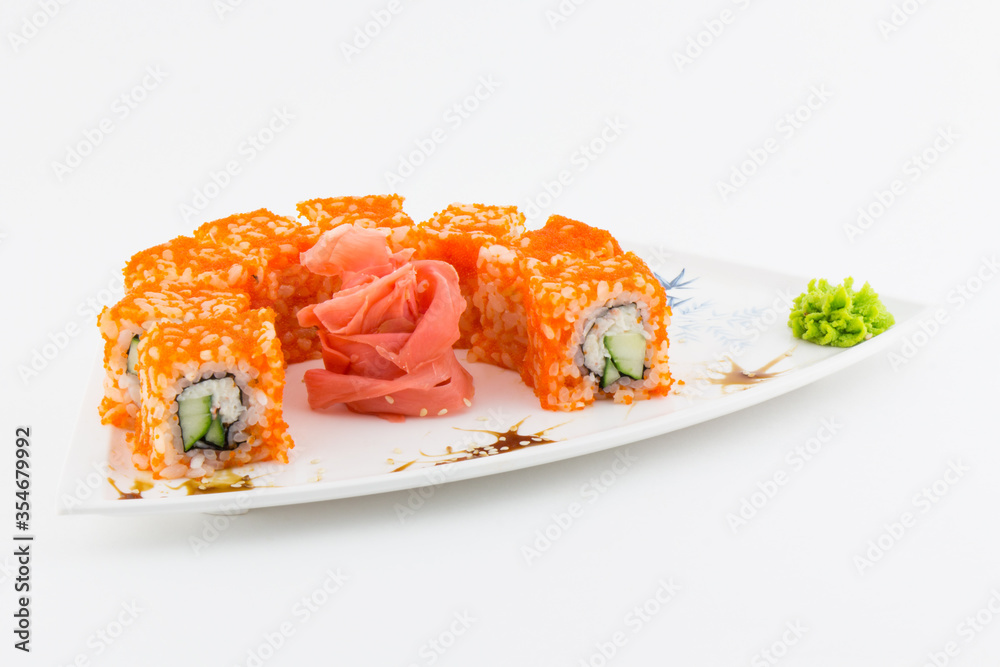 Close-up of traditional Japanese sushi on a white background. Design of the sushi bar menu. Japanese cuisine. Close-up of traditional Japanese sushi on a white background. Design of the sushi bar menu. Japanese cuisine.