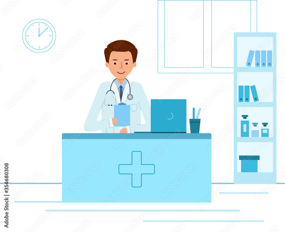 Doctor therapist sitting at a table in the medical office. In front of the computer studying the document. Vector illustration, flat style, on white background.