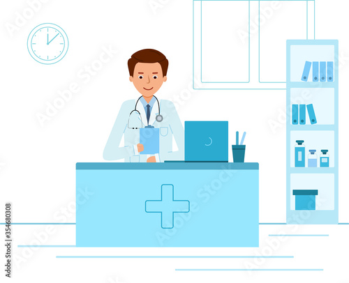 Doctor therapist sitting at a table in the medical office. In front of the computer studying the document. Vector illustration, flat style, on white background.