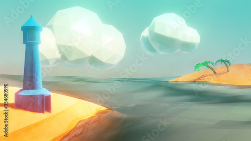 3D Illustration of a stylised beach scene with lighthouse and clouds