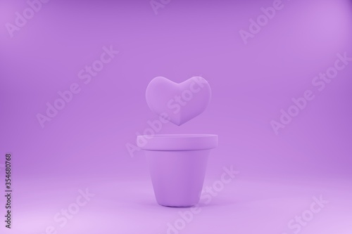 Pink growing hearts and pots purple measurement and analysis. Valentine's day Family. Illustration wallpaper for background. Business design product presentation. 3D Rendering. 
