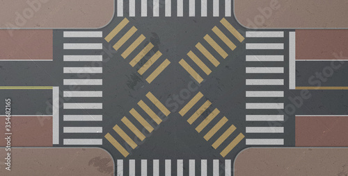Zebra, road intersection top view. Crosswalk with white and yellow lines marking on gray asphalt and tiled sidewalk. City street crossing with pedestrian junction, Realistic 3d vector background