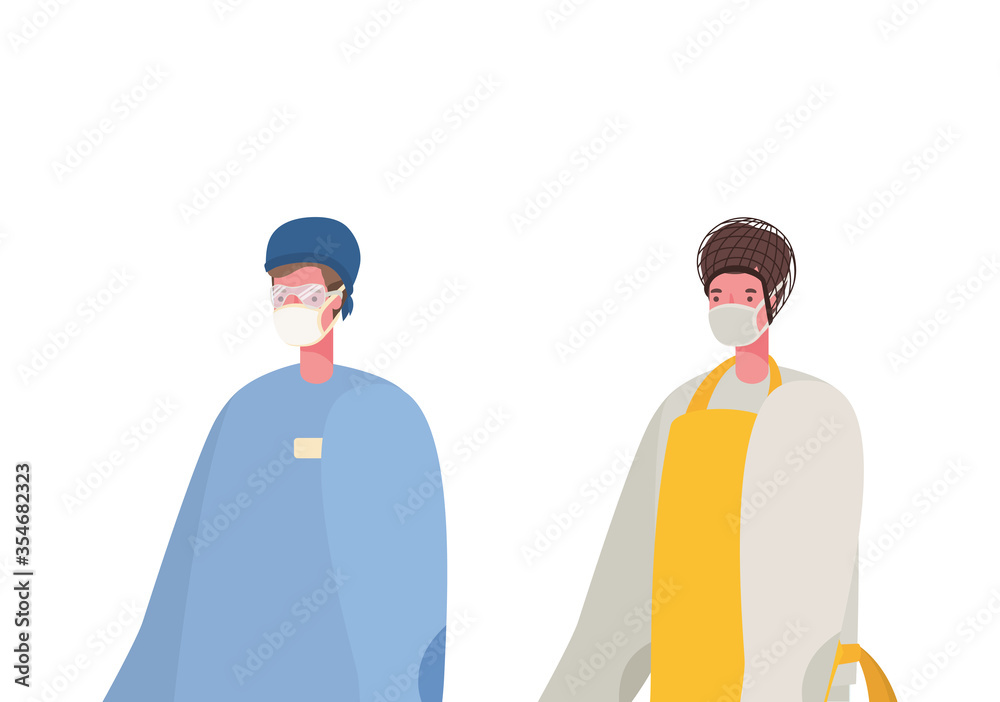 Isolated male doctor and cook with masks vector design