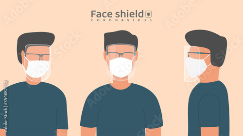 Medical face mask or shield. Transparent plastic glasses. Coronavirus quarantine concept. Protective measures for flu. Virus outbreak prevention and pollution protection.