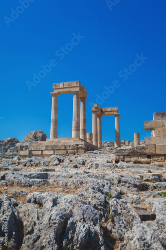 The ruins of the stoa psithyros at the Lindos acropolis on the Greek island of Rhodes