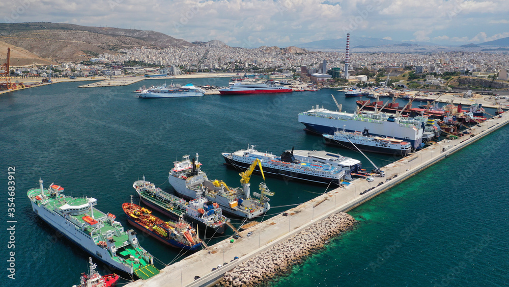 Aerial drone panoramic photo of industrial loading/unloading logistics container area of Perama, Piraeus port, Attica, Greece