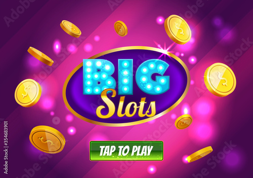 Online Big slots casino banner, tap to play button. Purple mobile slots logo with flying coins, explosion bright flash, colored ads or splash screen for game. Vector illustration