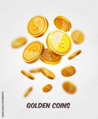 Vector Gold coins flying isolated on white in different positions with place for text. Falling coins, prize, cash winnings, lottery, poker slots background.