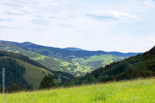 Idyllic landscape  view on Schwarzwald mountains  springtime. Hills with the valley  meadows and forest. Black Forest panorama. Germany