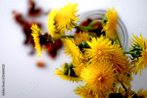 Bouquet of yellow dandelions in a jar on the table