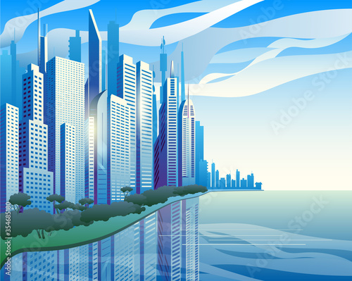 A modern city on the banks of the river. Blue skyscrapers against the clouds. Vector illustration.