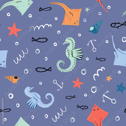 Cute vector seamless pattern on isolated background with sea and ocean inhabitant like fish and electric stingray.