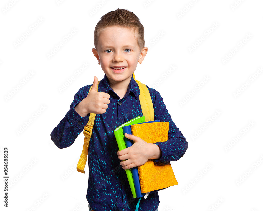 A beautiful European boy with books (notebooks) and a briefcase shows the class. Schoolboy, student, first-grader. School education, kindergarten. The student, a nerd. A beautiful European boy with books (notebooks) and a briefcase shows the class. Schoolboy, student, first-grader. School education, kindergarten. The student, a nerd.