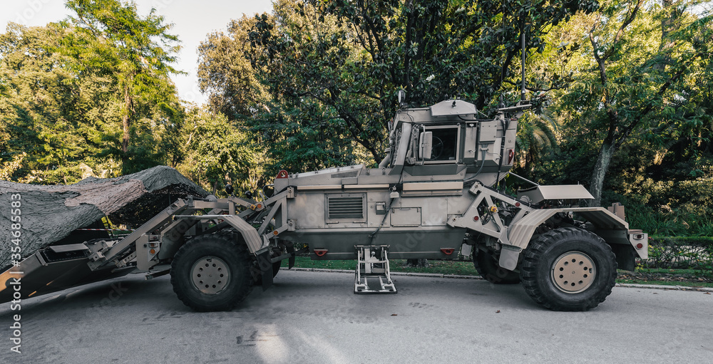 Fototapeta premium Vehicle Mounted Mine Detector. Husky VMMD 2G. Display of military vehicles. Spanish Armed Forces Day.