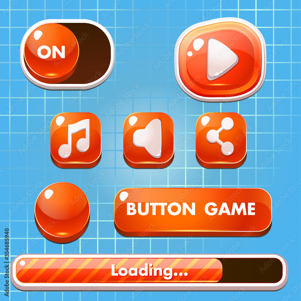 Set of game buttons, progress bars, boosters, icons for user interface design of computer, mobile games