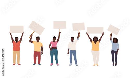 black men and women hold blank posters in their hands, activists. vector illustration