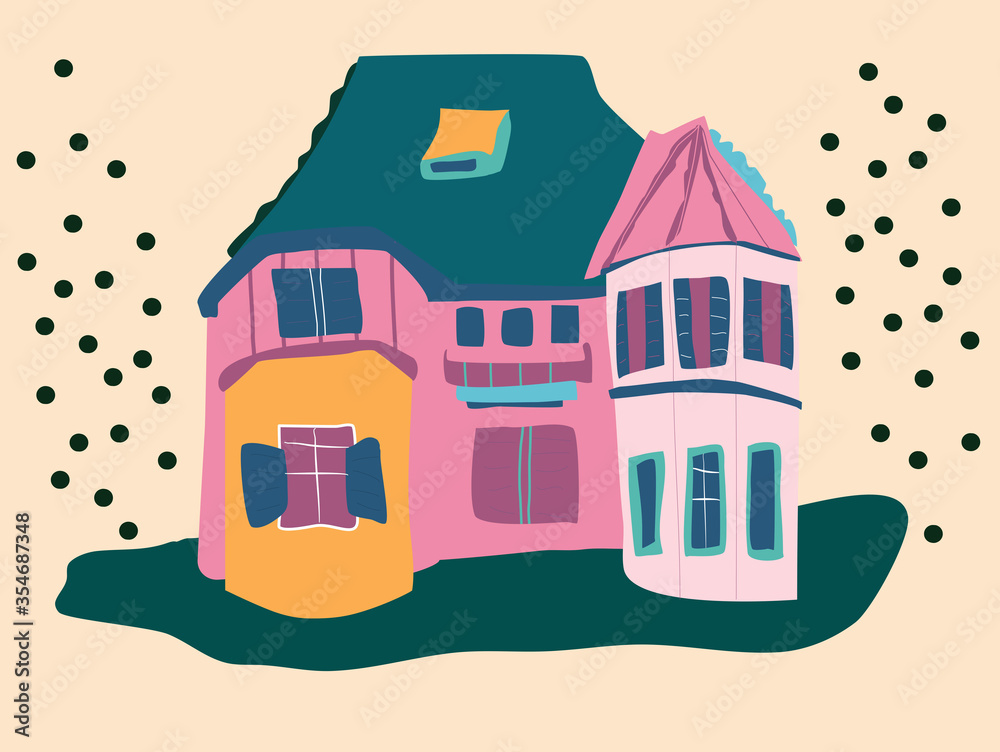 Cozy magic european house flat cartoon vector illustration. Hand drawn trendy greeting card in pastel colors with dotted background. Colorful old traditional historical building.