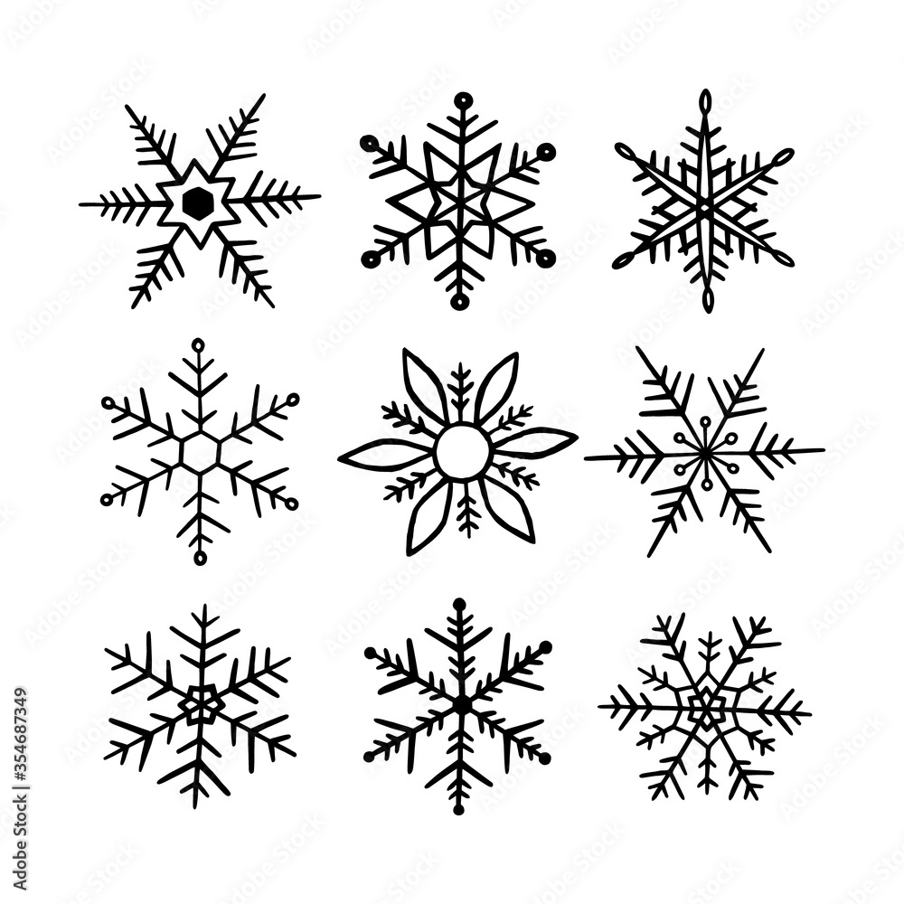 Snowflake doodle. Handdrawn snowflakes. Snow flake isolated on whit background. Set snowflakes for design winter prints. Collection drawing Ice crystal ink freehand. Hand drawn Snowflake. Vector Snowflake doodle. Handdrawn snowflakes. Snow flake isolated on whit background. Set snowflakes for design winter prints. Collection drawing Ice crystal ink freehand. Hand drawn Snowflake. Vector