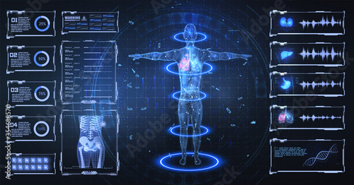 Head Up Display (HUD) UI,GUI for medical app. Futuristic virtual graphic modern Medical HUD Interface. Medical infographic. Hi-Tech, Research of human health. Diagnostic Scan, liver, kidney,lungs, DNA