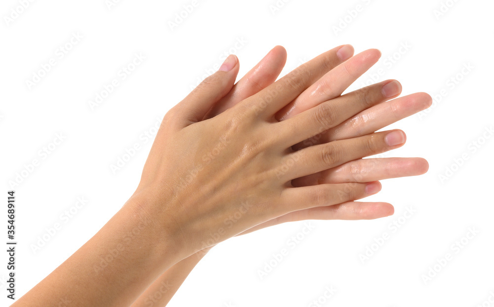 Woman cleaning hands with Alcohol Sanitize gel to prevent bacteria- Viruses- contagious disease- Covid-19 and Coronavirus- Isolated on white background Woman cleaning hands with Alcohol Sanitize gel to prevent bacteria- Viruses- contagious disease- Covid-19 and Coronavirus- Isolated on white background