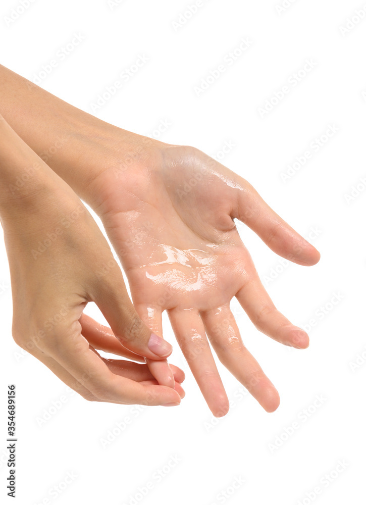 Woman cleaning hands with Alcohol Sanitize gel to prevent bacteria- Viruses- contagious disease- Covid-19 and Coronavirus- Isolated on white background Woman cleaning hands with Alcohol Sanitize gel to prevent bacteria- Viruses- contagious disease- Covid-19 and Coronavirus- Isolated on white background