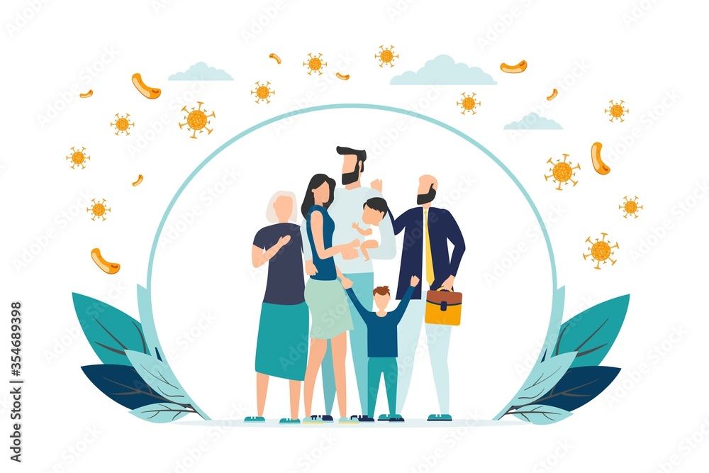 Family in medical masks stands in a protective bubble. Adults, old people and children are protected from the new coronavirus COVID-2019 Family in medical masks stands in a protective bubble. Adults, old people and children are protected from the new coronavirus COVID-2019