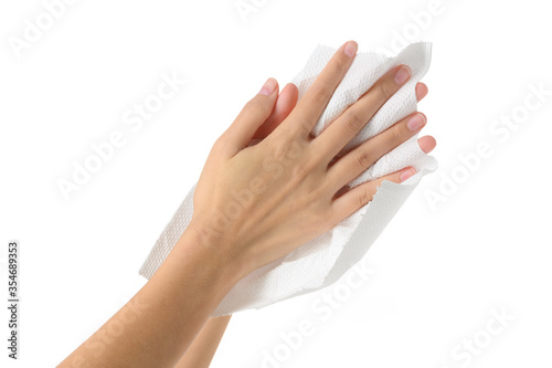 Woman drying hands with paper- Isolated on white background
