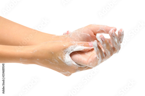 Woman Washing Hands with soap to prevent bacteria- Viruses- contagious disease- Covid-19 and Coronavirus- Isolated on white background